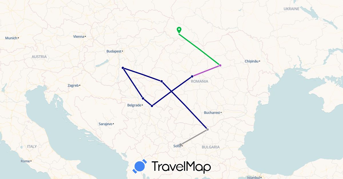 TravelMap itinerary: driving, bus, plane, train in Bulgaria, Hungary, Romania, Serbia, Ukraine (Europe)